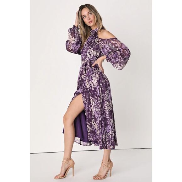 Lulu’s Storybook Sweetheart Cold Shoulder Midi Dress Floral Halter Ruffle Belted - Picture 3 of 13